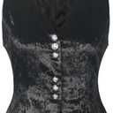Vintage Velvet Vest for Women V-Neck Cropped Sleeveless Dressy Waistcoat Casual Tops (Black)