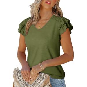 Dokotoo Women's Casual Ruffle Short Sleeve Tops Cute Solid Color Knit Ribbed T Shirts Blouses Large