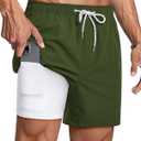 Gleeease Mens Swim Trunks 5 Inch with Compression Liner Mens Bathing Suit | Quick Dry Swim Trunks Men Zipper Pockets No-Chafe Stretch Drawstring Elastic Waistband Solid Board Short Beach Surf Fishing (Green, S)