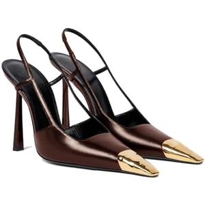 THESHY Womens Slingback High Heels Metal Pointed Toe Leather High Stiletto Heel Pumps Slip on Elastic Strap Fashion Dress Shoes for Women, Size 9, Brown