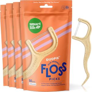 SmartLifeco Eco-Friendly Dual-Thread Dental Floss Picks (200ct) - Flossers Made with Straw Wheat Blend, Superior Anti-Shred for Tight Gaps, Tooth Pick Stick for Adults, Soft on Gum & Teeth, Unflavored 