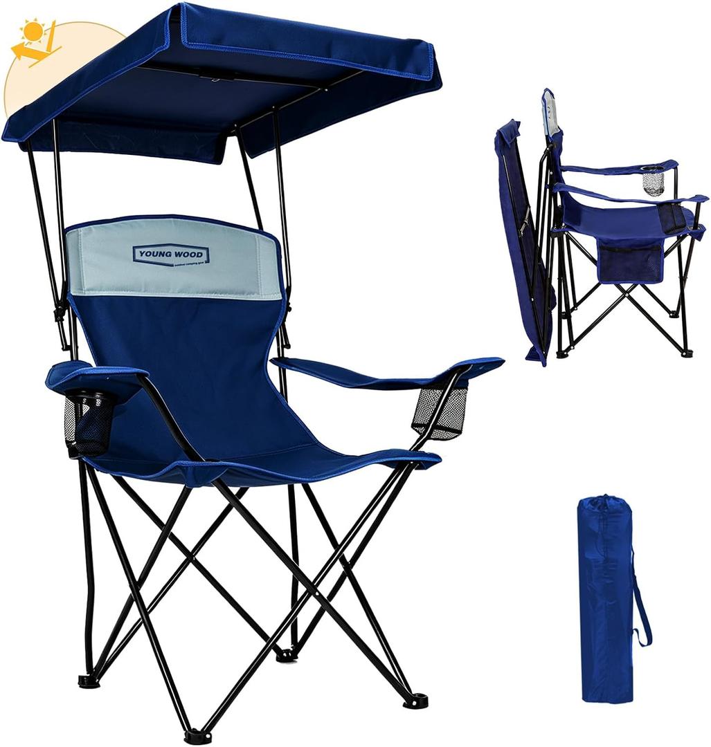YOUNG WOOD Camping Chair with Canopy, Beach Chair with Shade Lightweight Oversized for All, Easy to Open and Close Without Installation, Side Pocket,Cooling Bag Design for All Activities,Deepblue, 1P