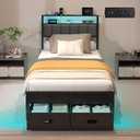 Twin Bed Frames with Storage Drawer, Platform Bed with Charging Station and LED Lights, Upholstered Headboard with 2-Tier Storage Shelves, No Box Spring Needed