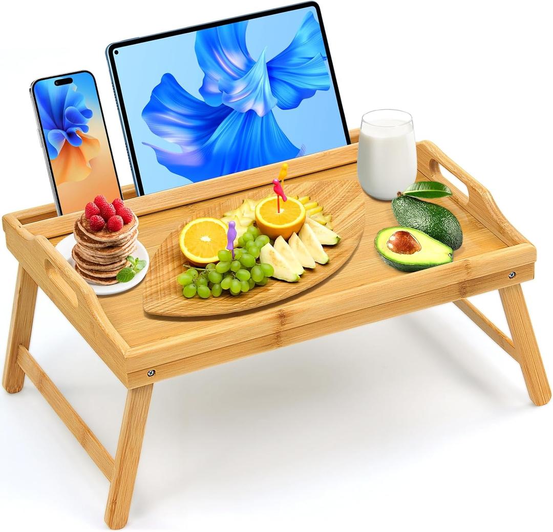 Tray Table for Bed, Bamboo Breakfast Tray with Folding Legs and Handles, Natural Color Bed Tray with Media Slot, Ideal for Eating, Serving or Working in Kitchen, Sofa or Bedroom