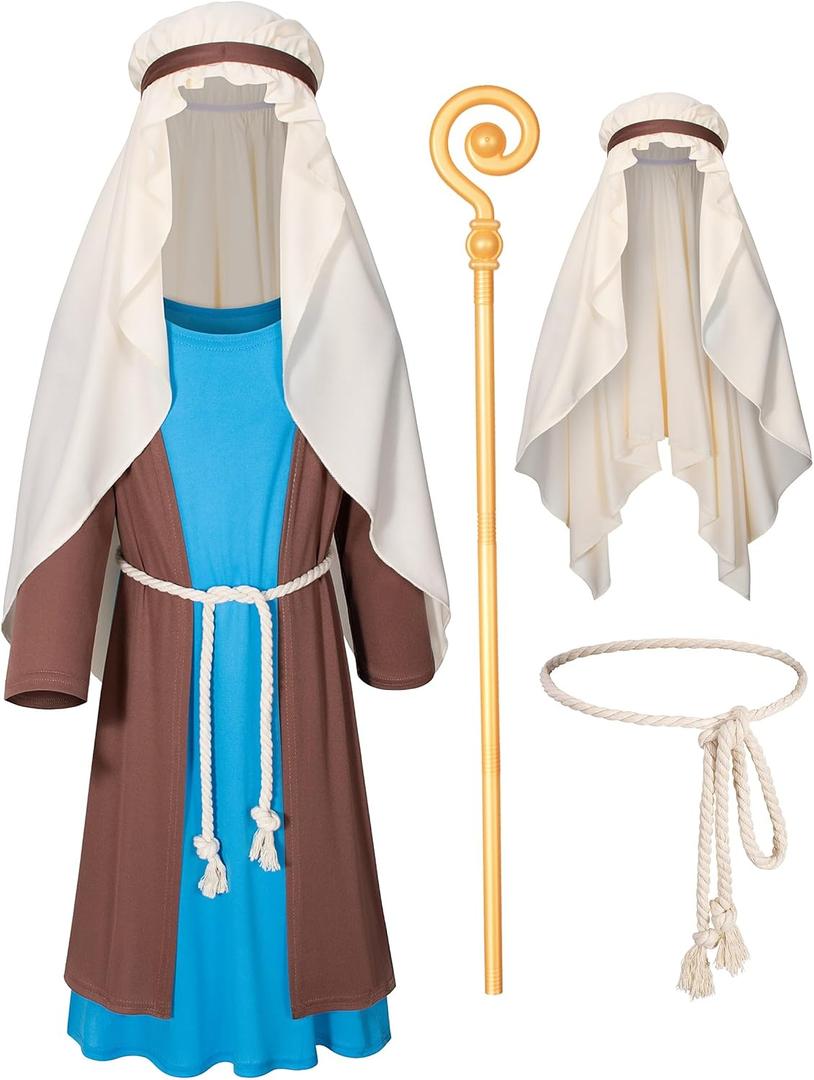 Kids Nativity Saint Joseph Robe Shepherd Costume Boys Halloween Cosplay Outfit Accessories Set (10-11 Years, Blue)