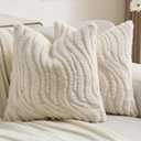 FUTEI Cream Decorative Throw Pillow Covers 18x18 Inch Set of 2,Soft Faux Fur Geometric Shapes Texture Cushion Case,Boho Home Decor for Couch Bed Living Room