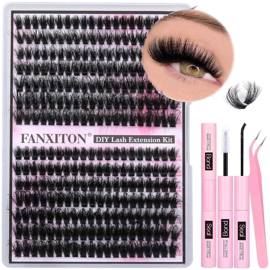 FANXITON Lash Clusters with Lash Bond and Seal Sweatproof, 10-18 mm D Volume Lash Extension Kit 280 pcs Individual Lashes Lash Clusters Kit and Tweezers Thick DIY Eyelash Extension Kit