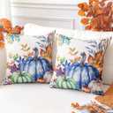 4 x Artscope Fall Decorative Throw Pillow Covers 18x18 Inch Set of 2, Watercolor Pumpkin Fallen Leaves Outdoor Farmhouse Pillow Cases for Home Sofa Couch-Blue