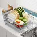 Dish Drainer Rack with Drip Tray, Sink Dish Drainer with Drainage Spout, Stainless Steel Dish Drying Rack with Cups, Utensil & Cutting Board Holders for Kitchen Counter Space-Saving, Grey (Gray)