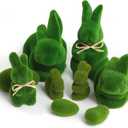9pcs Easter Moss Bunny Decorations for Home, Includes 6 Green Faux Moss Bunnies and 3 Green Faux Moss Stones for Easter Mantel Table Decorations, Flocked Bunny Figurines for Spring Decor