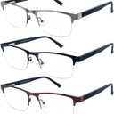 3 Pack Bifocal Reading Glasses for Men Metal Half Frame Bi-focal Readers Clear Top Far/Near Dual-use Eyeglasses,Black/Brown/Gun metal, +1.50