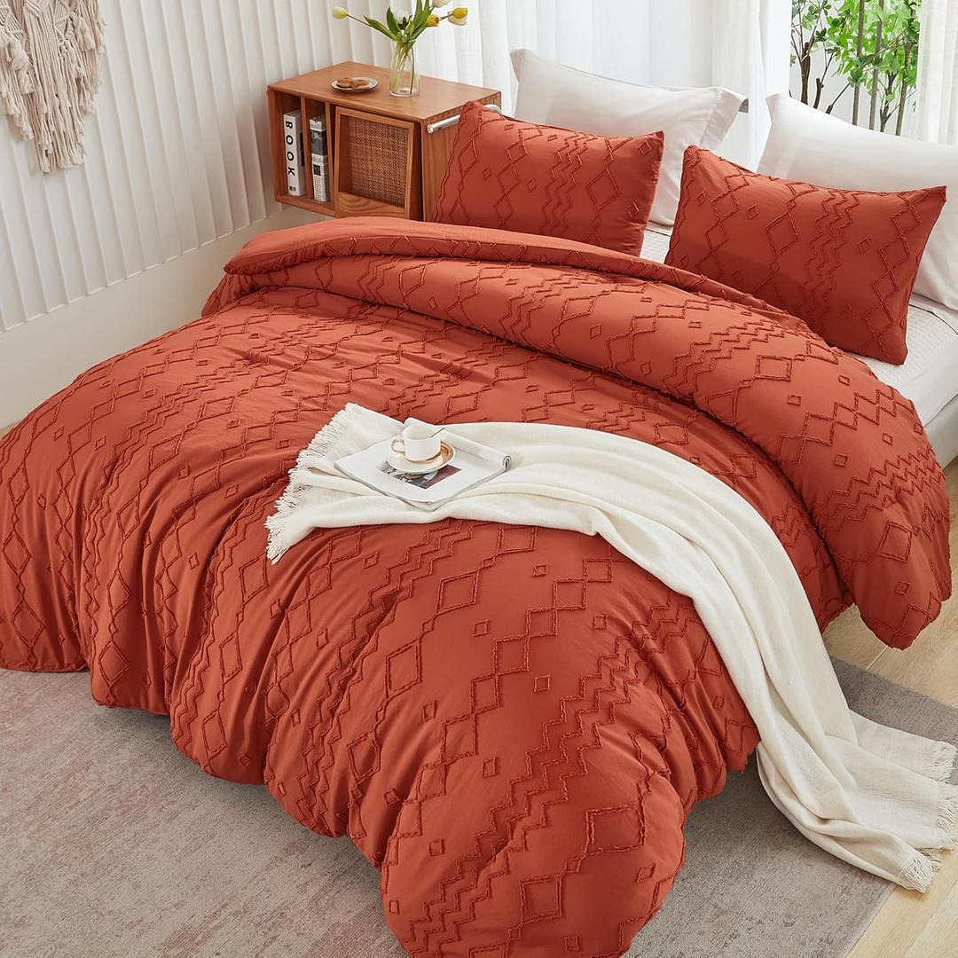 Andency Terracotta Tufted Comforter Set California King(104x96Inch), 3 Pieces(1 Boho Comforter, 2 Pillowcases) Textured Farmhouse Comforter, Soft Down Alternative Geometric Comforter Set