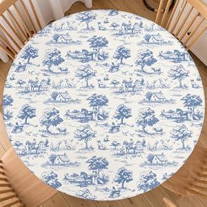 MiaoSi Rustic French Round Fitted Tablecloth with Elastic Edge Blue Classic French Country Table Cover for 40"-44" Farmhouse Stretch Table Cloth for Dining Room Party Picnic