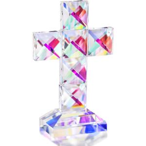 QFkris Colorful Crystal Cross Standing 5'' Tall Traditional Cross Figurine Glass Craft Memorial Gifts Christian Decor (Small-Colored Square)