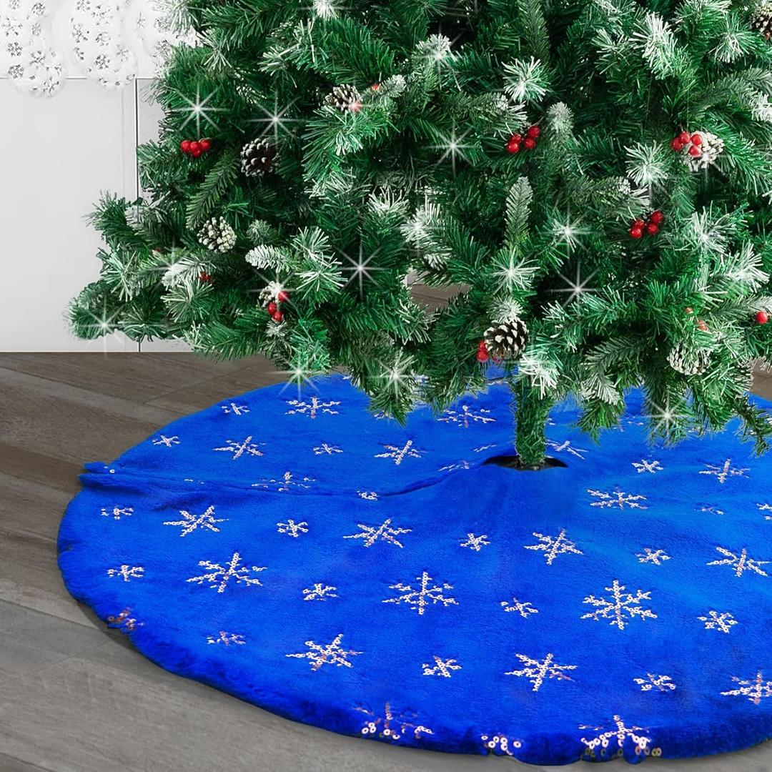Plush Christmas Tree Skirts, 24 inches Luxury Blue Faux Fur Xmas Tree Base Cover Mat with Silver Snowflakes for Xmas New Year Home Party Decorations (24 inches, Blue Silver)