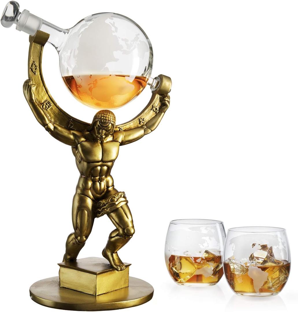 The Wine Savant Atlas Bronze World Globe Whiskey Decanter Set - 15" Tall - With 2 World Glasses - For Whiskey, Scotch, Bourbon, Cognac and Brandy - 1000ml - - Atlas Decanter Whiskey The Wine Savant Atlas Bronze World Globe Whiskey Decanter Set - 15" Tall - With 2 World Glasses - For Whiskey, Scotch, Bourbon, Cognac and Brandy - 1000ml - - Atlas Decanter Whiskey