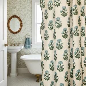 Block Print Shower Curtain Blue and White Shower Curtain Set Linen Textured with 12 Hooks Vintage Floral Grandmillennial Bathroom Decor for Vintage Farmhouse Frenchy Bathroom (72''W x 72''L)