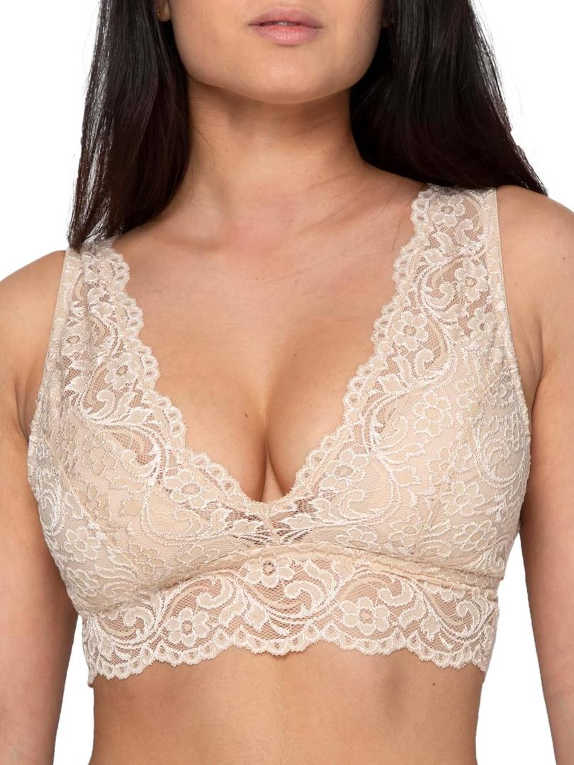 Smart & Sexy womens Signature Lace Deep V Neck Wireless Bralette, Bralettes for Women With Support, Bralettes and Bralette Pack (Beige, XXL)