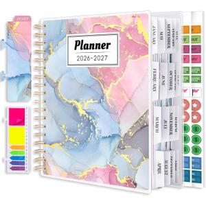 Planner 2026-2027, Large 18 Months Academic Daily Weekly Monthly Planner Yearly Agenda Jan. 2026June. 2027, 7.9" x 9.8", Page Tabs, Separator Page, Pocket Folder, Bookmark, Stickers, Sticky Note Set (Pink Blue Marble)