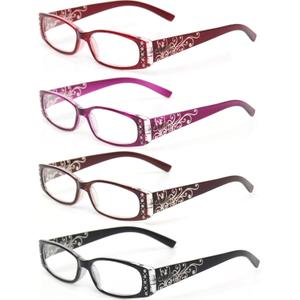 Kerecsen 4 Pairs Ladies Reading Glasses Spring Hinge with Laser Pattern Readers (4 Pack Mix Color-2)