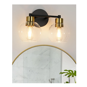 WILON 2-Light Bathroom Vanity Light Fixture Over Mirror, Black and Gold Sconces with Clear Globe Glass Shades, E26 Base Wall Lamp for Living Room Bedroom Stairway