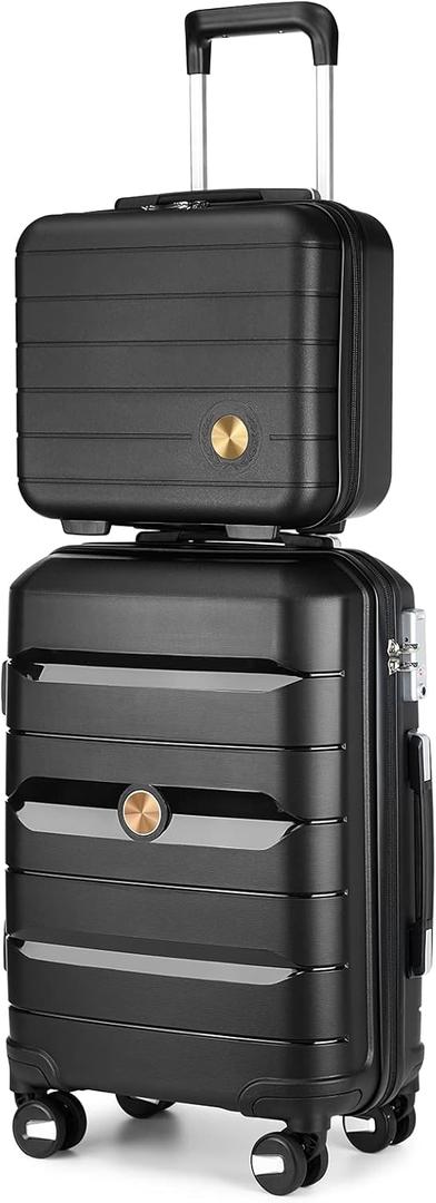 Somago 20" Carry On Luggage and 14" Mini Cosmetic Cases Travel Set Lightweight Polypropylene Suitcase with TSA Lock YKK Zipper Hardside Luggage with Spinner Wheels (2 Piece Set, Classic Black)