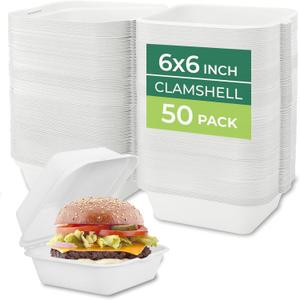 Freshware Clamshell Food Containers with Lids [6x6 50-Pack] Disposable To Go Containers, Biodegradable Sugarcane To Go Boxes - Paper Container - Microwave & Freezer Safe, Stackable