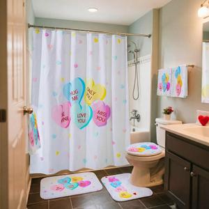 6 Pcs Valentine's Day Shower Curtain Set Valentines Bathroom Decor with Toilet Lid Cover, U-Shaped Mat, Bath Mat, 2 Towels, Candy Heart Valentines Shower Curtains with 12 Hooks for Home Decor