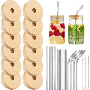 Cunhill 27 Pcs 70mm Bamboo Jar Lids Set with Straw Hole for Glass Cups Reusable 2.76 Inch Wooden Lids with Silicone Ring Stainless Straw and Brushes for Beer Can Cups Regular Mouth Drinking Jars