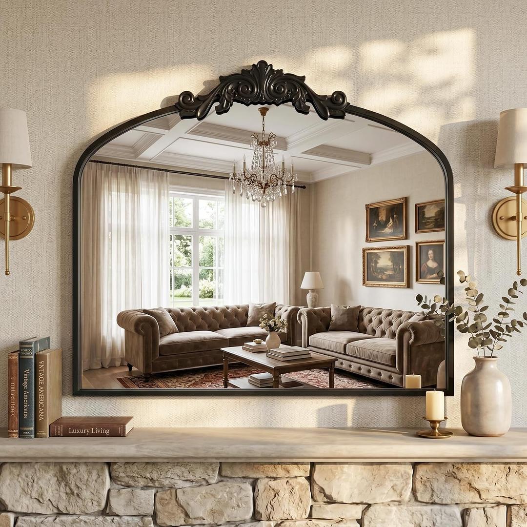 LadyNow Vintage Black Arched Wall Mirror, 30"x36" Antique Metal Frame | Baroque Decorative Mirror with HD Tempered Glass for Bathroom Vanity, Entryway, Fireplace, Bedroom, Living Room and Hallway