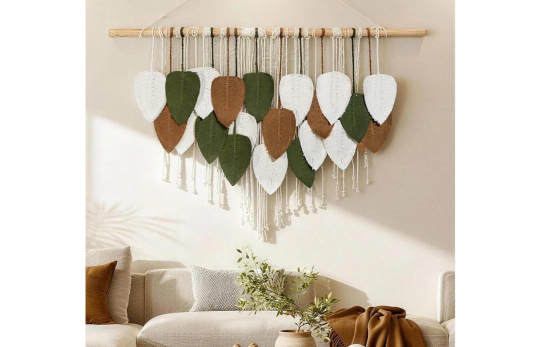 NYEONHRT Large Macrame Wall Hanging Handmade Boho Leaf and Feather Tapestry for Modern Home Decor Perfect Wall Art for Living Room Bedroom Nursery Apartment Backdrop 39x31 Inch (Brown green)
