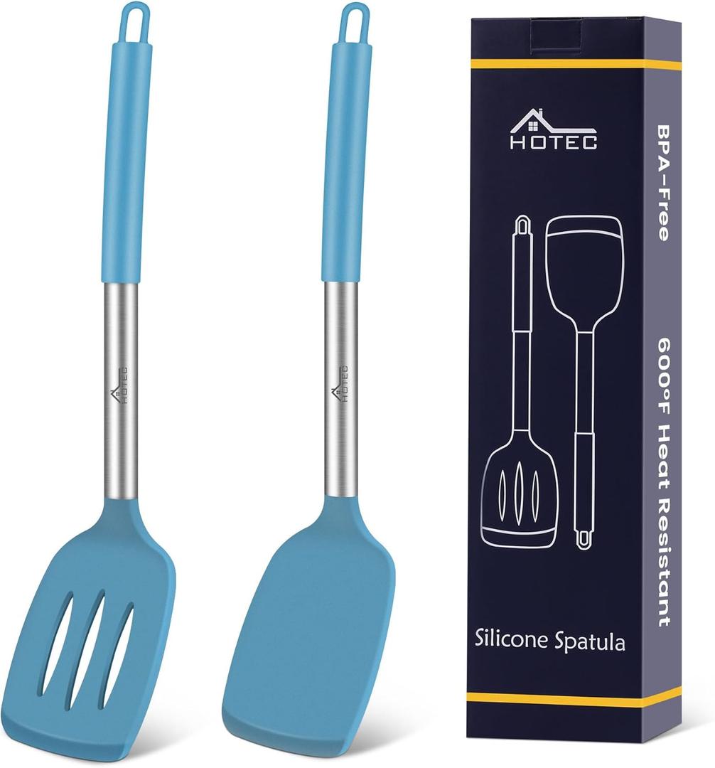 HOTEC Silicone Spatula Set of 2 Heat-Resistant 600F & BPA-Free Kitchen Saptula Turner with Stainless Steel Handles, Slotted & Solid Spatulas for Nonstick Cookware, 13.7 Inch, Blue