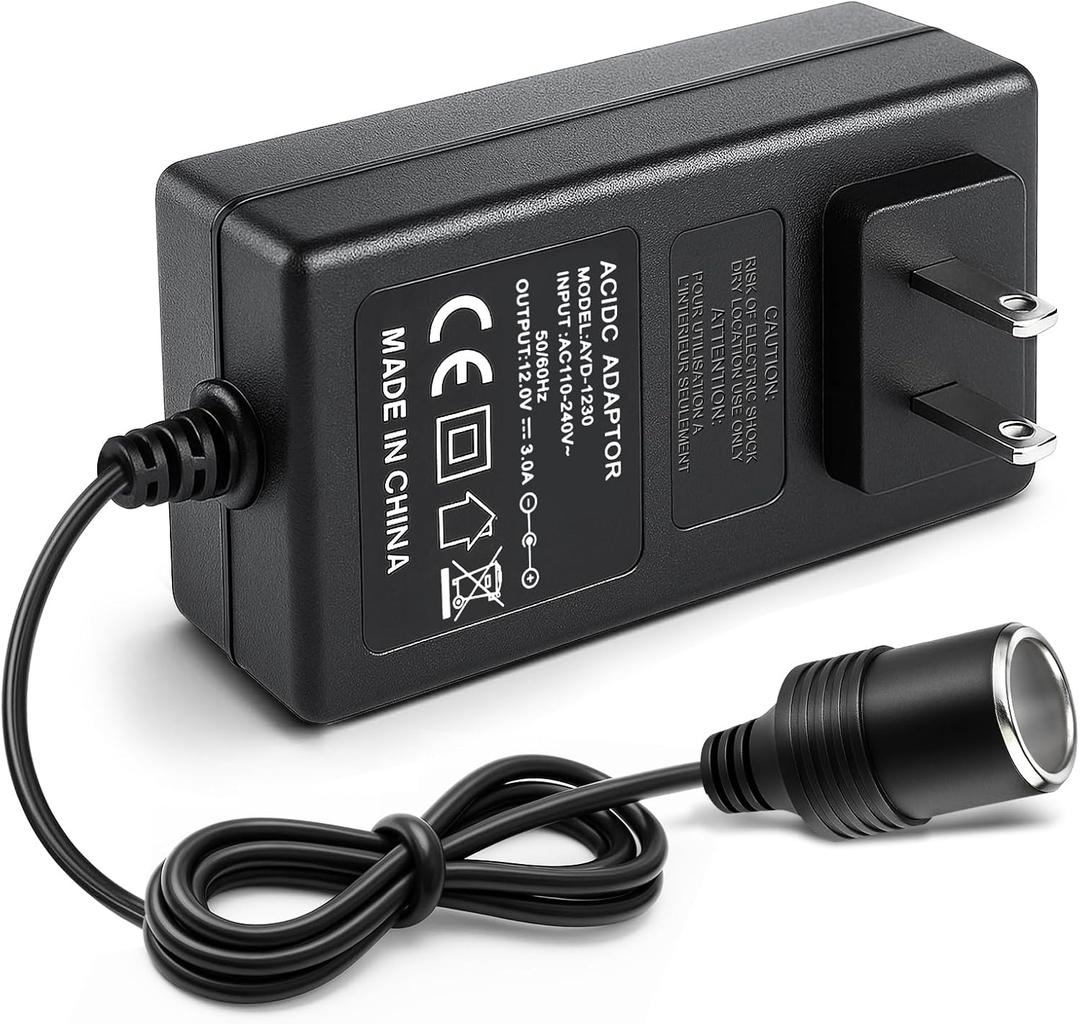 110V AC to DC 12V Converter 3A 36W, Cigarette Lighter Adapter to Wall Plug 110240V, Home Car Power Supply Adapter for Car Fan and Low-Power Devices (Not for Vacuum Cleaner, Air Pump, Inflator)