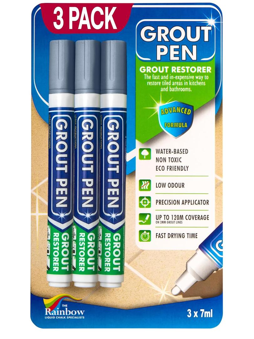Grout Pen Grey Tile Paint Marker: Waterproof Grout Paint, Tile Grout Colorant and Sealer Pen - Grey, Narrow 5mm Tip (7mL) - 3 Pack