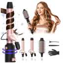 Rotating Curling Iron, 3 in 1 Automatic Curling Iron 1, 1 1/2, 1 3/4 Inch, Thermal Brush Set, Ionic Ceramic Barrel Hair Curler, Fast Heating,Travel Dual Voltage Self Curling Wand for Beach Waves