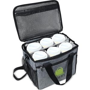 Good Es Reusable 6 Cups Insulated Beverage Bag, Portable Cooler Tote with 5 Divider, Shoulder Strap & Side Pockets, Drink Caddy Cup Holder Carrier for Delivery, Insulated Picnic Bag (Gray)