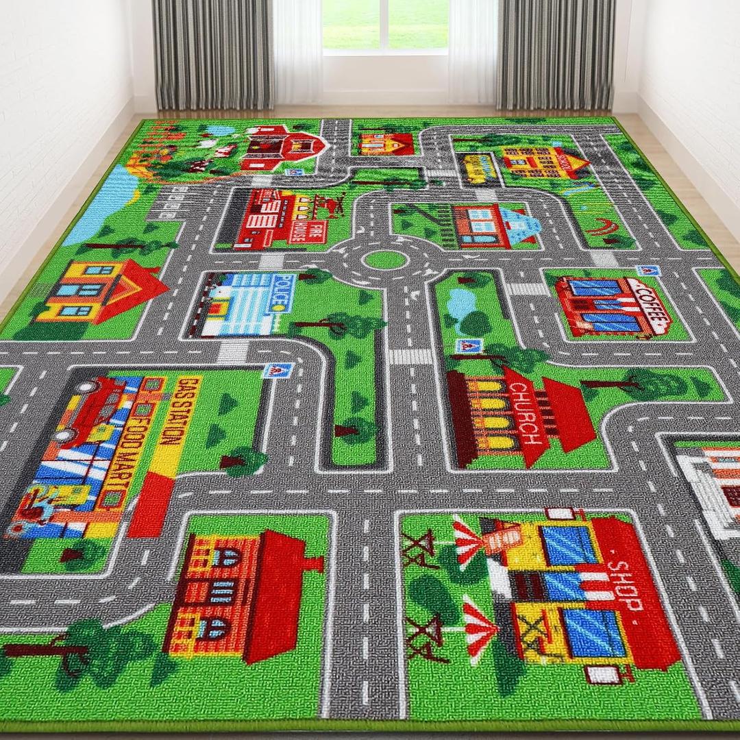 Kids Carpet Playmat Rug 118"x78.7", Car Rug for Kids Cars, Non-Slip Town City Road Map Kids Rugs for Playroom Bedroom Boys, Kids Cars Play Mat Track Road Rugs for Kid (118X78.7Inch,Green)