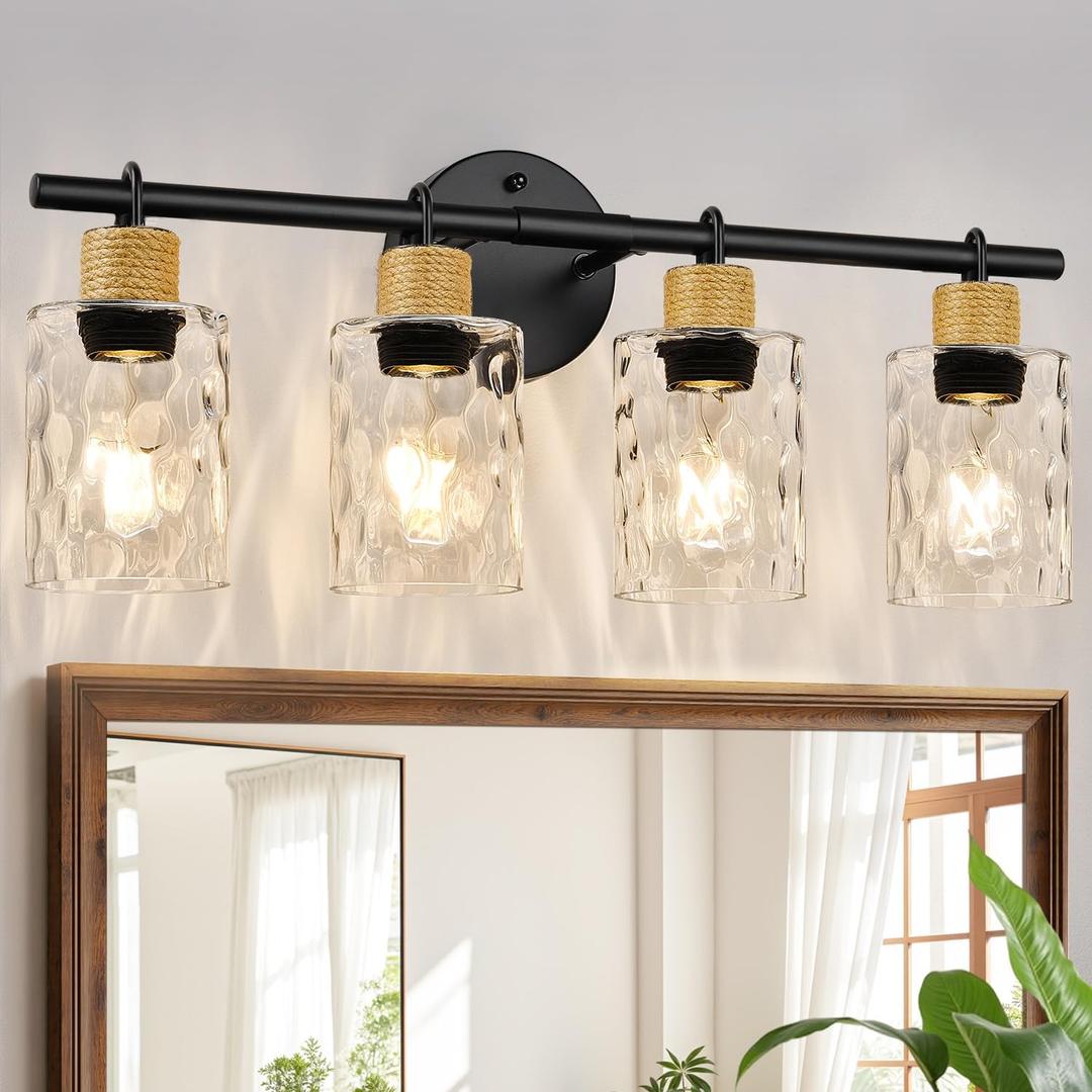 Bathroom Light Fixtures, 4-Light Coastal Vanity Lights with Crystal Glass Shade, Black Bathroom Wall Lamp for Mirror Kitchen Hallway Cabinet