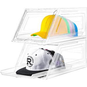 2 Pack Hat Organizer for Baseball Caps,Large Clear Cap Organizer with Drawer,Hats Holder Box for Closet with Sliding Tray,Stackable Hat Rack Display Case,Multi-use Hat Case for Caps,Each Holds 12 Hats