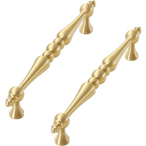 Flybath 2 Pack Cabinet Pulls 5-Inch Hole Center Solid Brass Vintage Gold Handles for Drawer Dresser Cupboard Wardrobe Kitchen Furniture Hardware, Brushed Brass