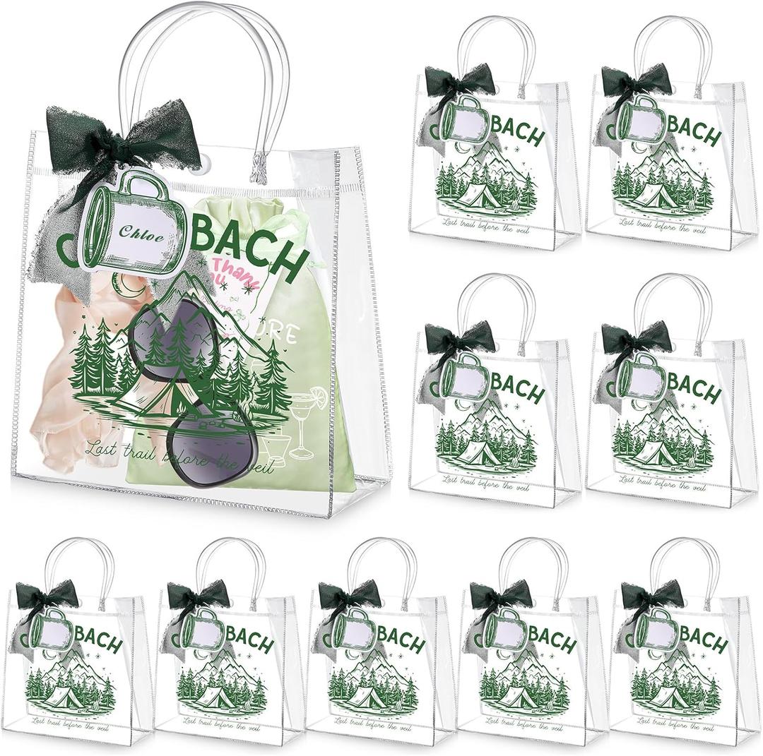 Kolldenn 10 Pcs Bachelorette Party Decorations Gift Bags with Handle, Camp Bach Clear Bags with 10 Pcs Tags Labels, 7.87 x 7.87 x 3.15 Plastic Clear Reusable PVC for Bridesmaid (Green)