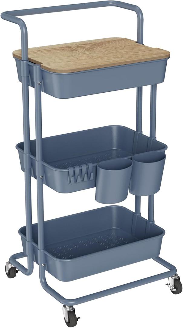 DTK 3 Tier Utility Cart with Cover Board, Rolling Cart with Lockable Wheels, Cups, Hooks for Home Office, Art Craft Storage, Home School Organization and More Uses(Blue) (Medium-Plastic&Metal)