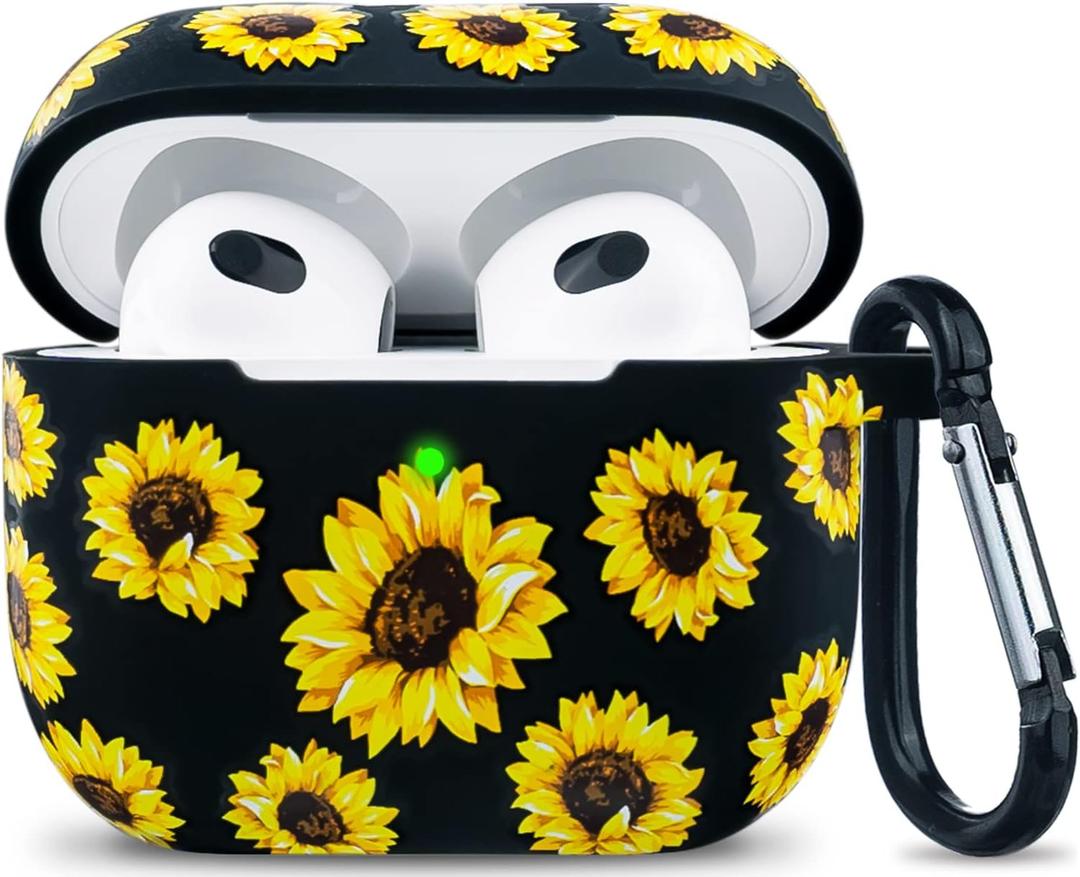 Flower Silicone Airpods 3 Case 2021, YOMPLOW Case Cover for Apple Airpods 3rd Generation Floral Print Soft Flexible Cover for Air Pod 3 Women Girls, Skin with Keychain - Sunflower