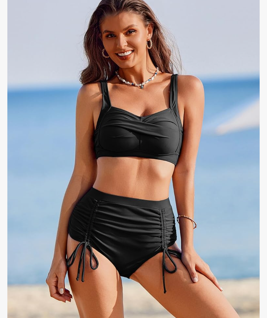 Women High Waisted Bikini Sets Two Piece Swimsuits 2025 Twist Front Tummy Control Bathing Suits with Drawstring, Size M