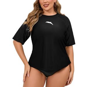 Halcurt Women's Plus Size Short Sleeve Rash Guard Swim Shirts Top Only Loose Fit Swim Tee UPF50+ Swimsuit (3X, All Black)