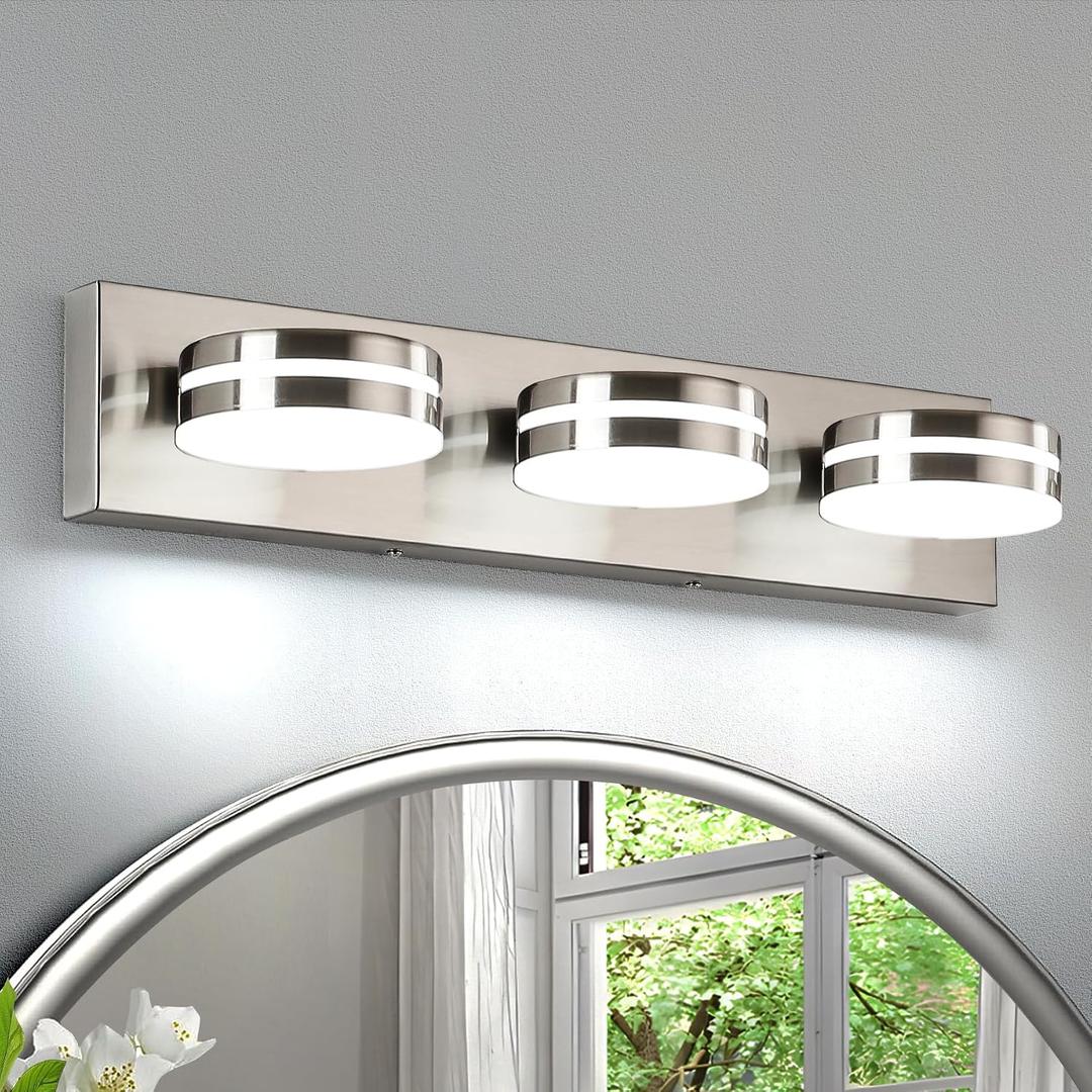 Brushed Nickel Bathroom Vanity Light, (24in Dimmable) 3-Light Bathroom Light Fixtures Over Mirror, LED 5500K Vanity Lights with 360Rotating Lamp Head