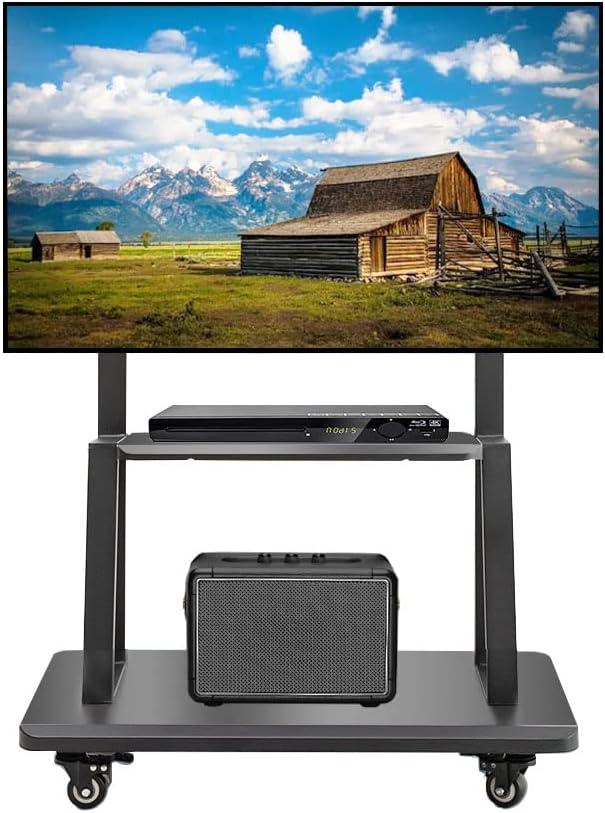 Hellsehen Mobile TV Stand,Rolling TVs Cart on Wheels Height Adjustable Heavy-Duty Floor Stand Base for 32-75 Inch LCD LED OLED Flat Panel Screens Smartboard Movable Holds up to 220lbs with Shelf