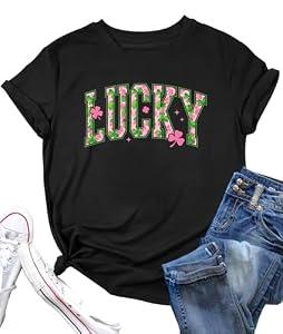 LAZYCHILD St Patricks Day Shirt Women: Lucky Shamrock Tshirt Saint Patricks Day Green Clover Short Sleeve Tops M
