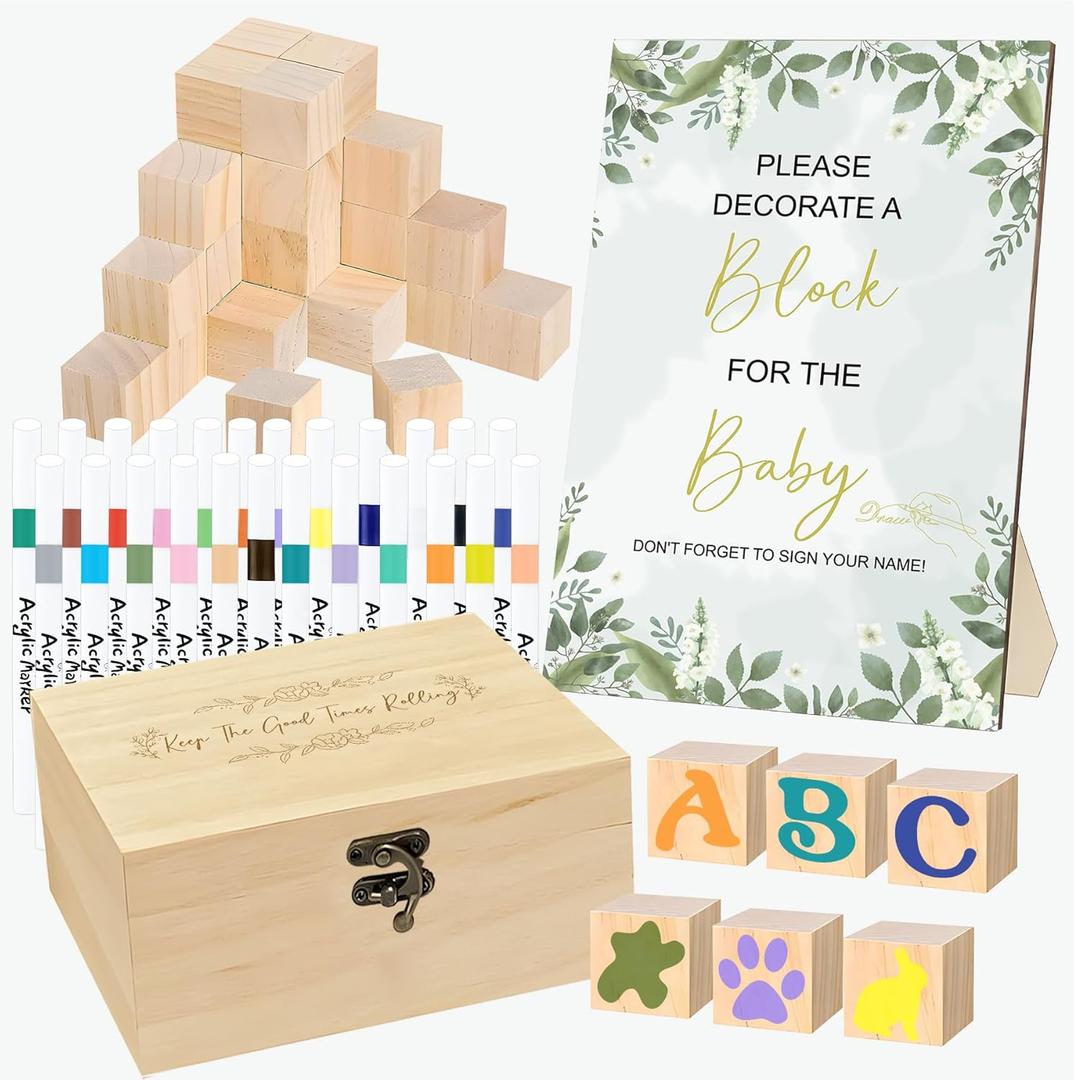 78 PCS Fun Baby Shower Games Sign Kit, Unique Baby Shower Ideas, Funniest Games Ever Where You Can Draw to Your Heart's Content, Suitable for Boy and Girls, Wood Block Kit