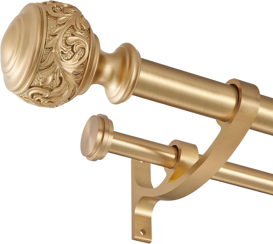 Double Curtain Rod, 1 inch Window Telescoping Drapery Double Rod 72 to 144 Inches (6-12 Feet), Classical Ball Finials,Premium Aluminum Brackets,Warm Gold